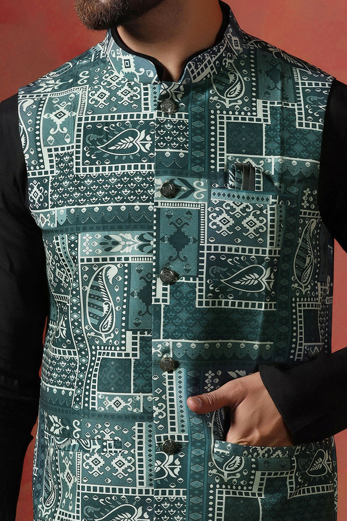 Solid Black Cotton Blend Kurta Set With Nehru Jacket