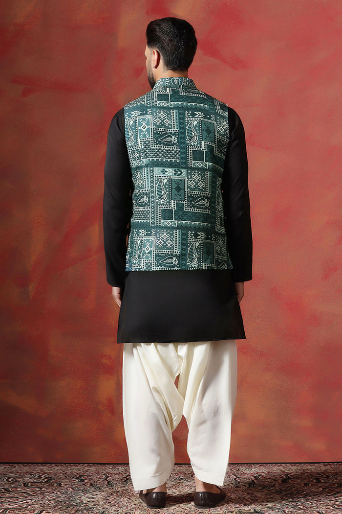 Solid Black Cotton Blend Kurta Set With Nehru Jacket