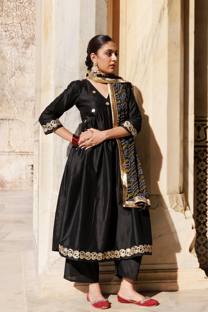 Solid Black Dupion Silk Kurta Set