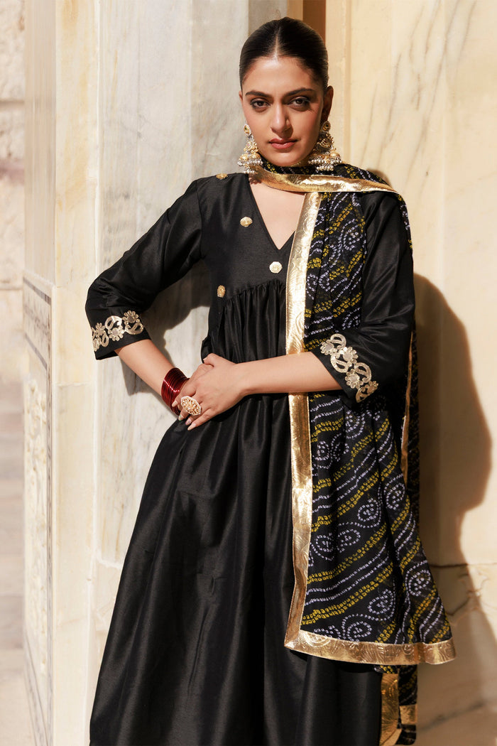 Solid Black Dupion Silk Kurta Set