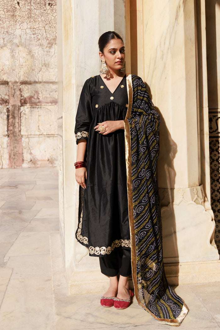 Solid Black Dupion Silk Kurta Set