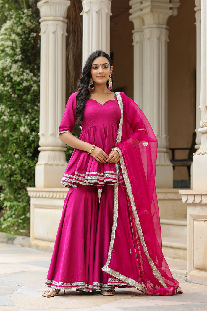 <img> Solid Dark Pink Cotton Silk Sharara Set
