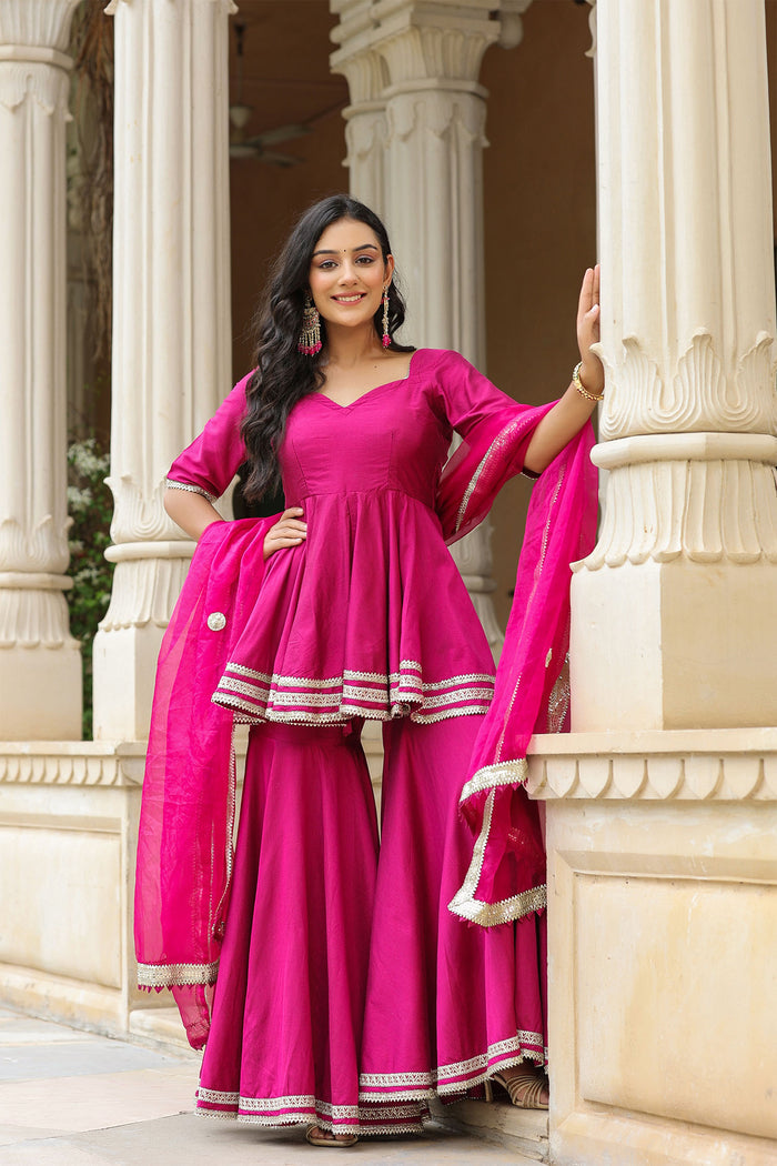 <img> Solid Dark Pink Cotton Silk Sharara Set