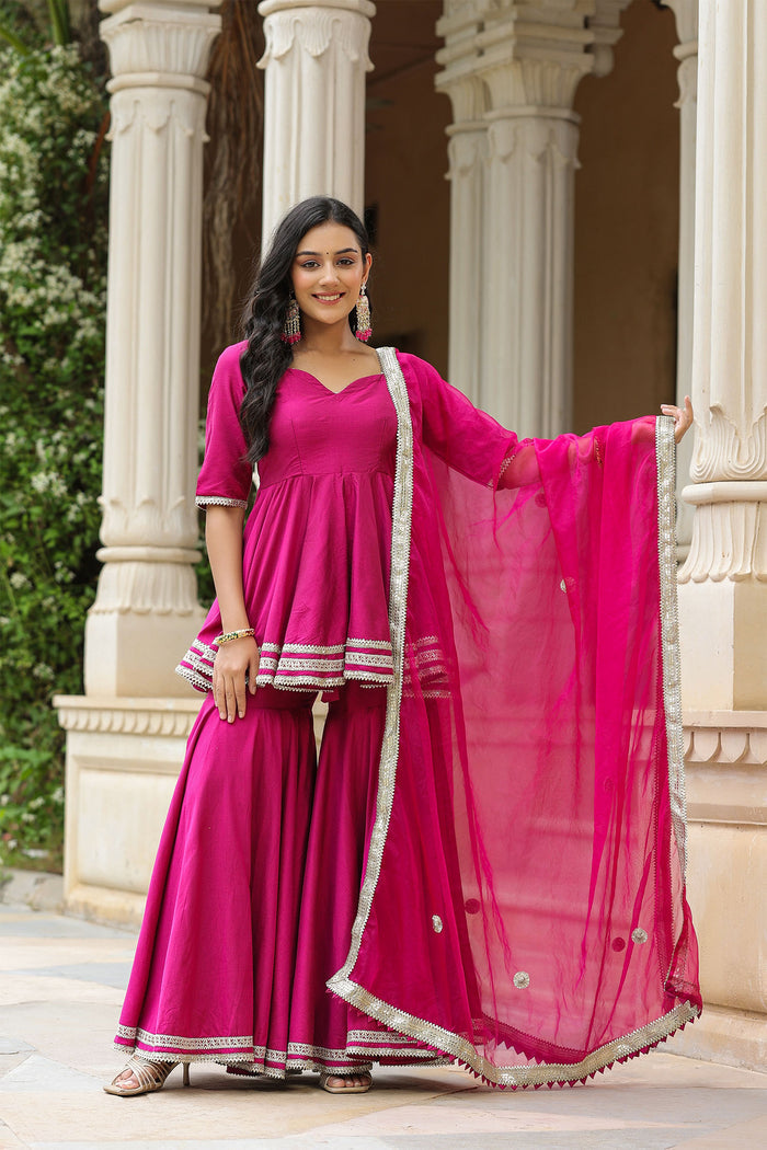 <img> Solid Dark Pink Cotton Silk Sharara Set