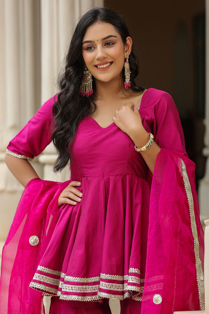 <img> Solid Dark Pink Cotton Silk Sharara Set
