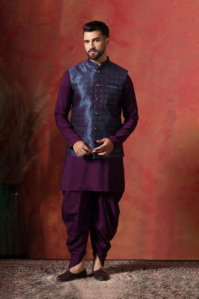 Solid Deep Purple Jacquard Indo-Western Kurta Set