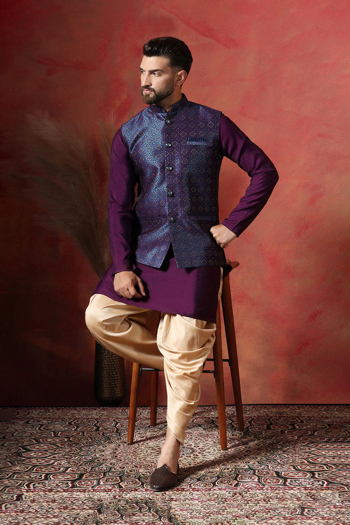 Solid Deep Purple Jacquard Indo-Western Kurta Set