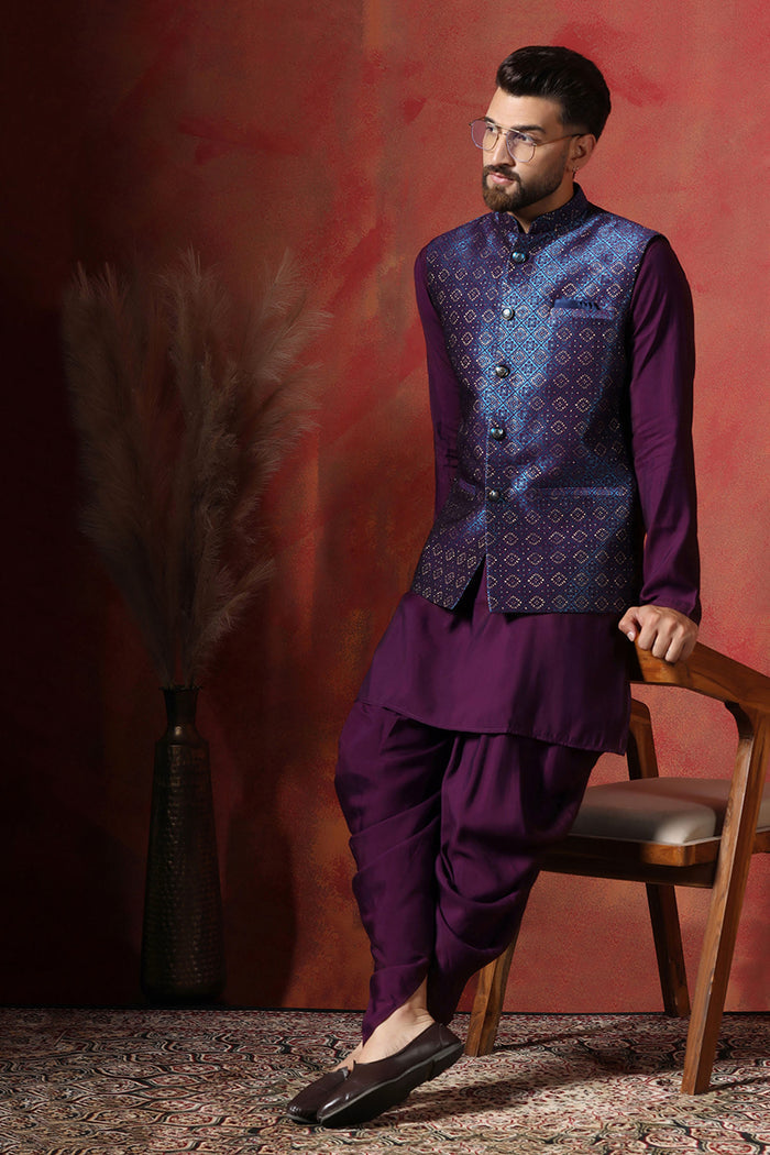 Solid Deep Purple Jacquard Indo-Western Kurta Set