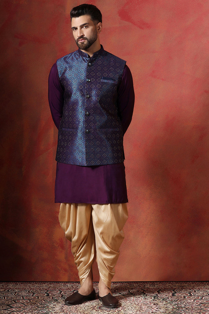 Solid Deep Purple Jacquard Indo-Western Kurta Set
