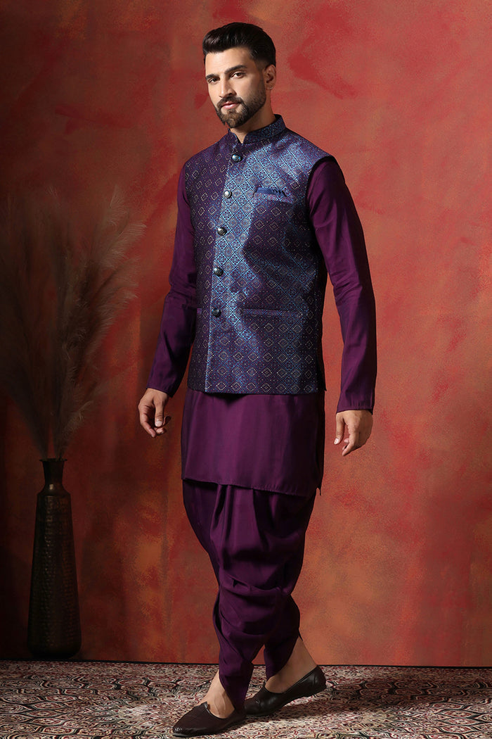 Solid Deep Purple Jacquard Indo-Western Kurta Set