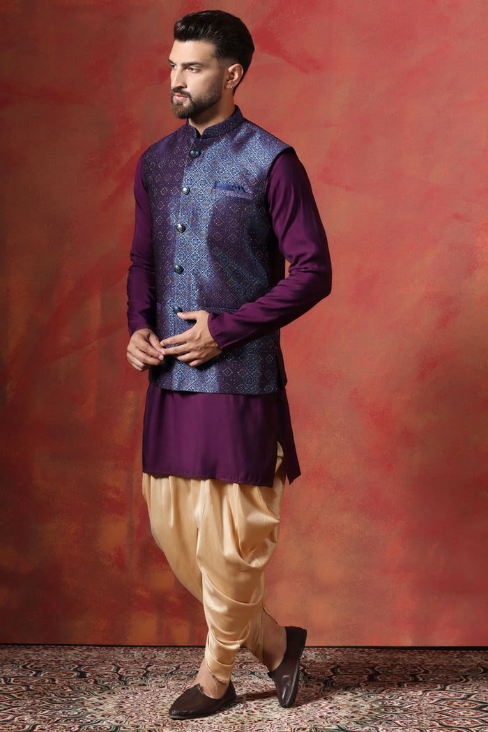 Solid Deep Purple Jacquard Indo-Western Kurta Set