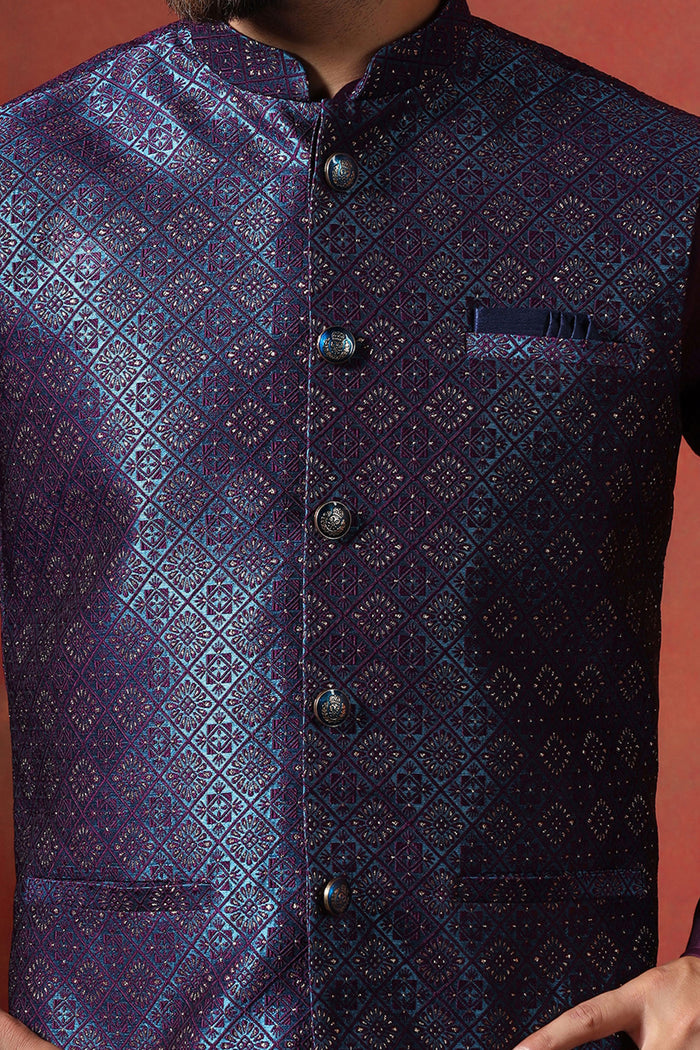 Solid Deep Purple Jacquard Indo-Western Kurta Set
