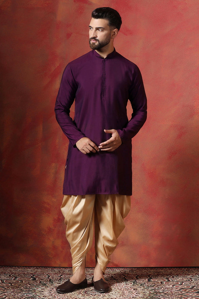 Solid Deep Purple Jacquard Indo-Western Kurta Set