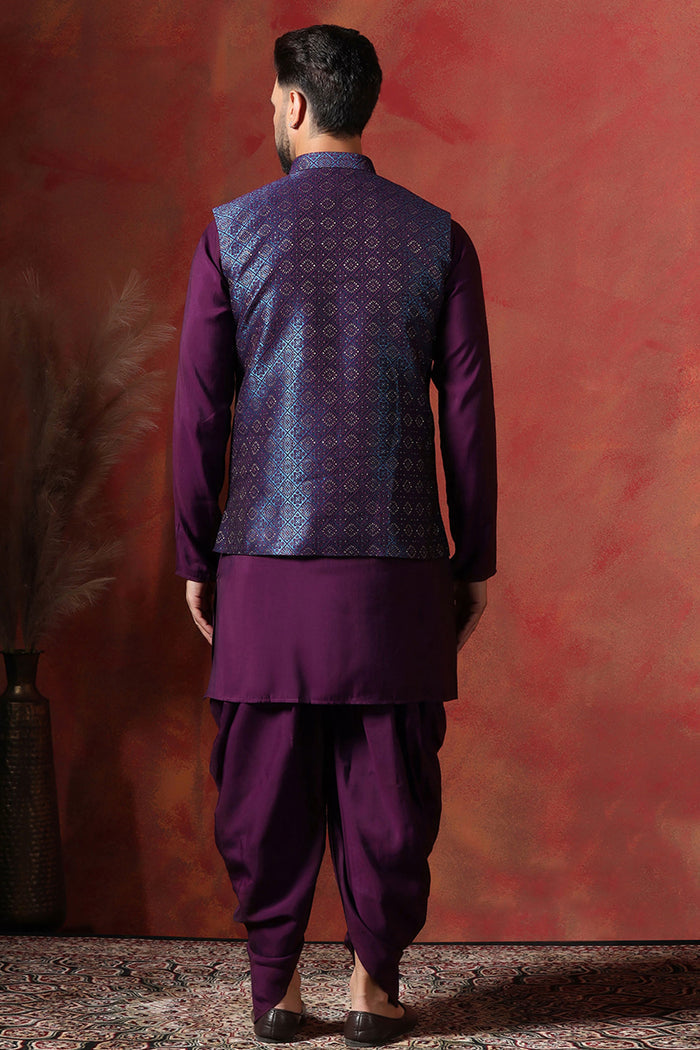 Solid Deep Purple Jacquard Indo-Western Kurta Set