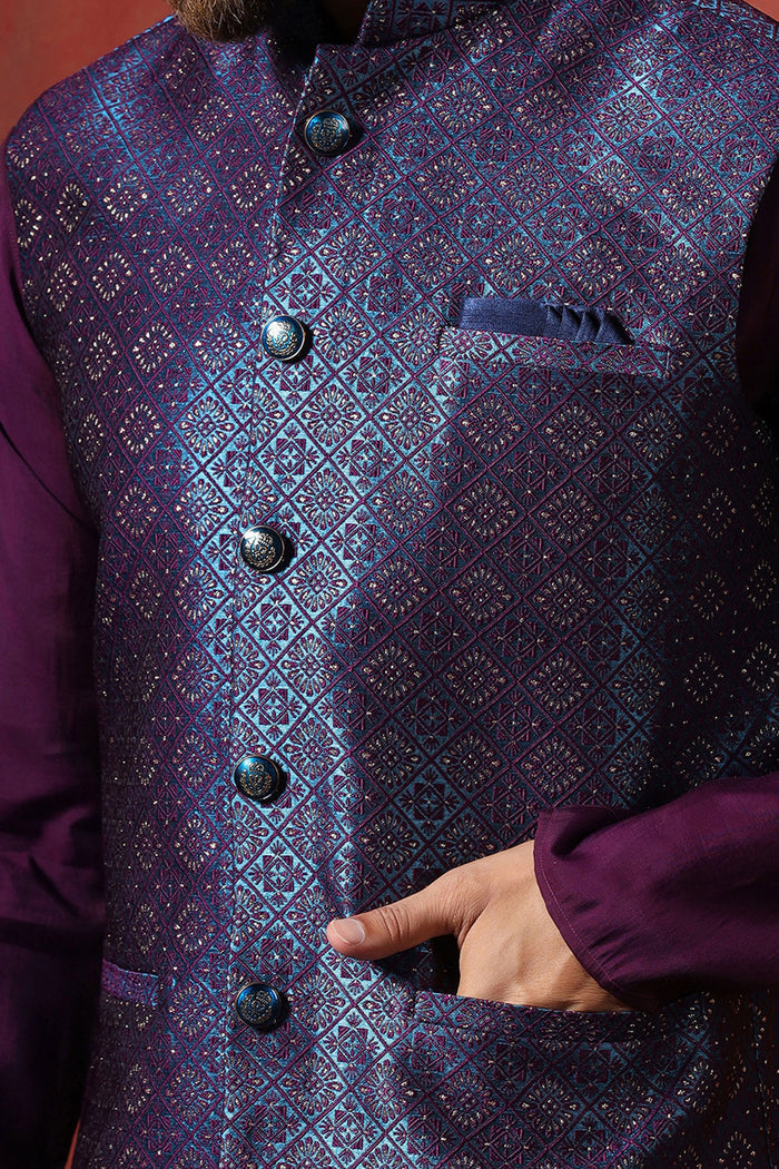 Solid Deep Purple Jacquard Indo-Western Kurta Set