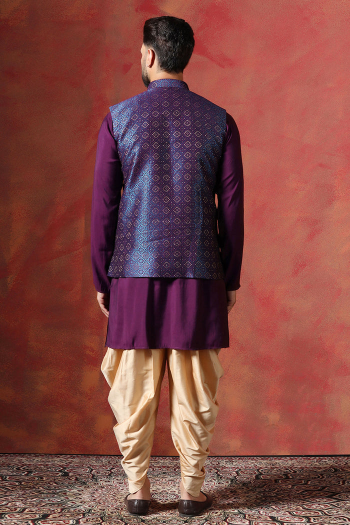 Solid Deep Purple Jacquard Indo-Western Kurta Set