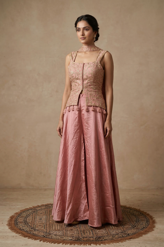 Solid Pink Silk Indo-Western Set