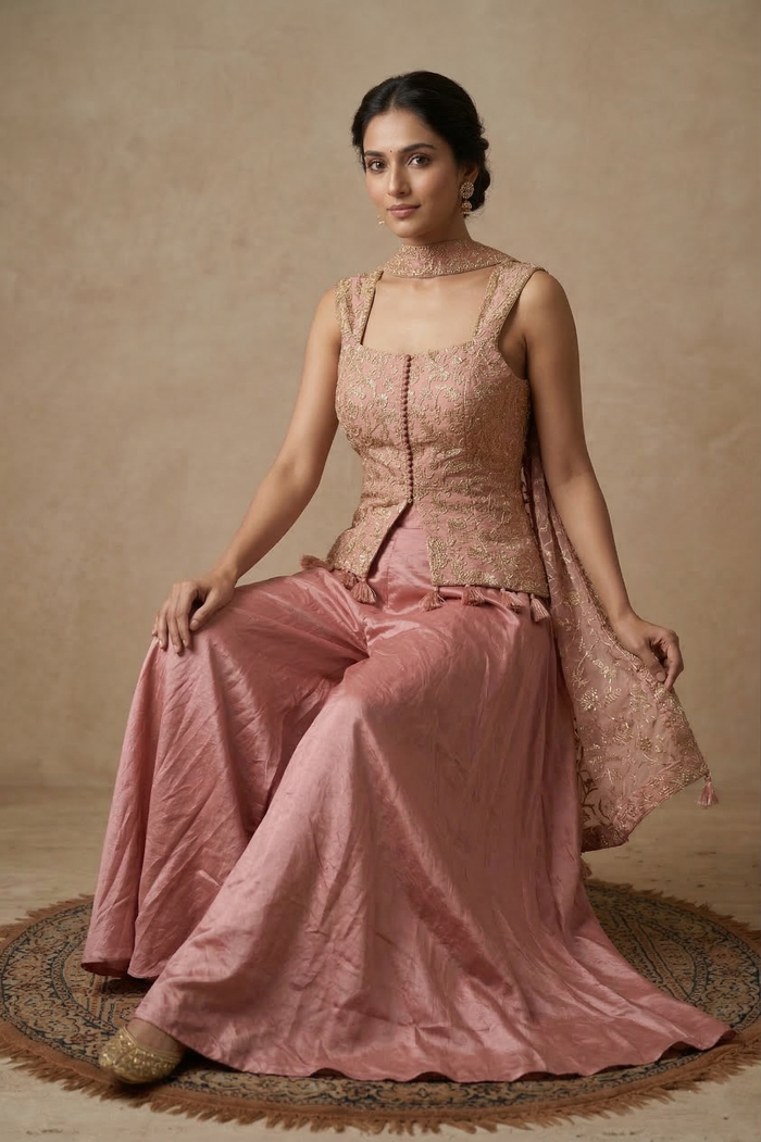 Solid Pink Silk Indo-Western Set
