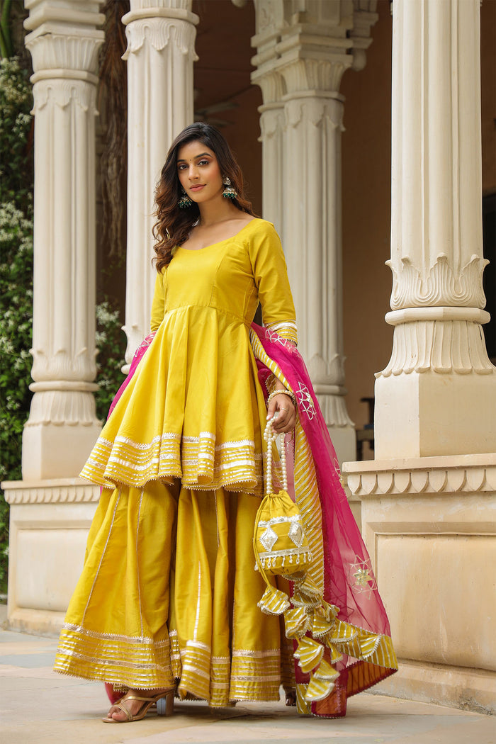 <img> Solid Yellow Cotton Silk Sharara Set