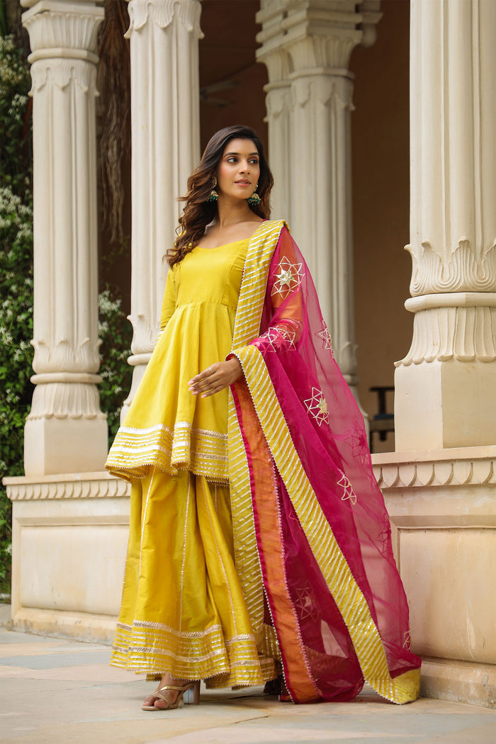 <img> Solid Yellow Cotton Silk Sharara Set