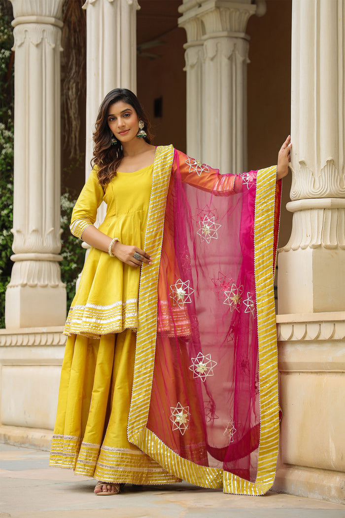 <img> Solid Yellow Cotton Silk Sharara Set
