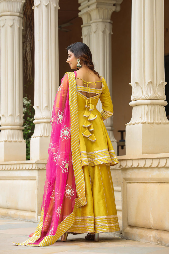 <img> Solid Yellow Cotton Silk Sharara Set