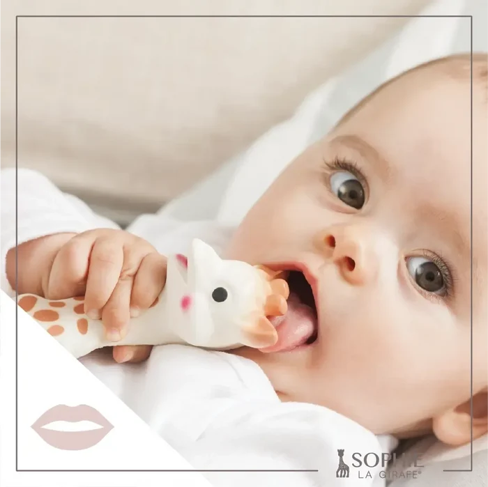 Baby holding a white teething toy with brown spots, wearing a white outfit.