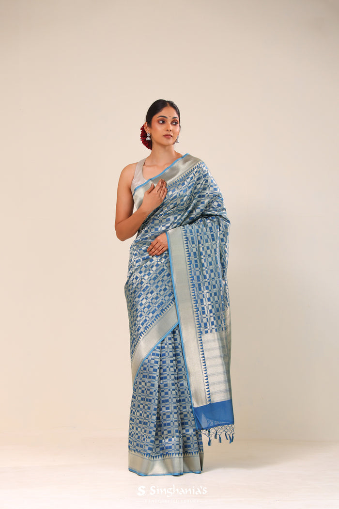 <img> Spanish Blue Chiniya Banarasi Silk Saree