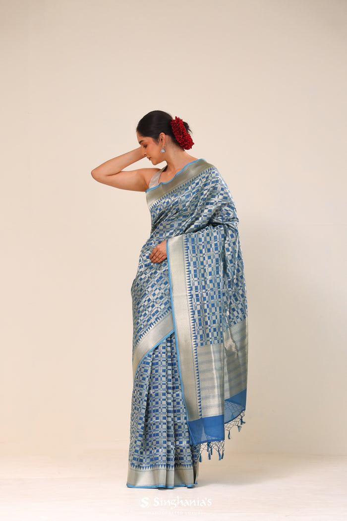 <img> Spanish Blue Chiniya Banarasi Silk Saree