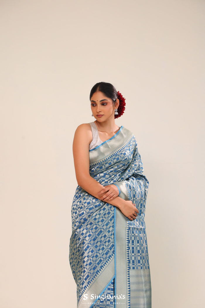 <img> Spanish Blue Chiniya Banarasi Silk Saree