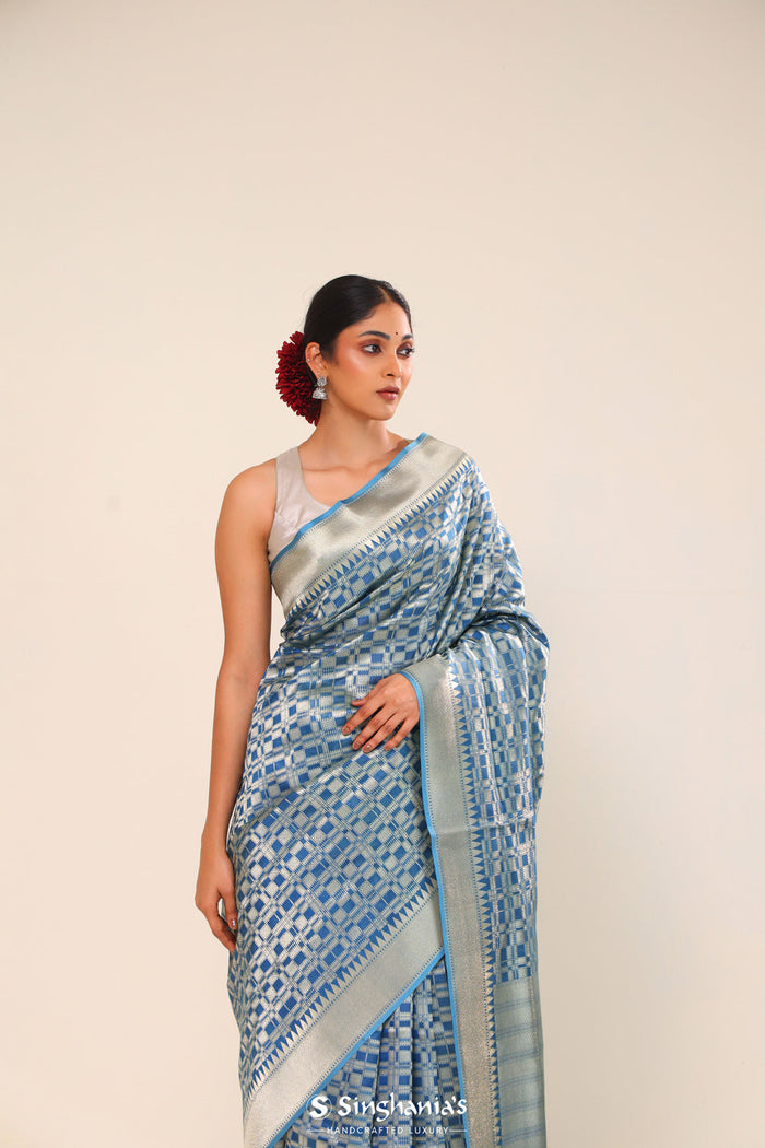 <img> Spanish Blue Chiniya Banarasi Silk Saree