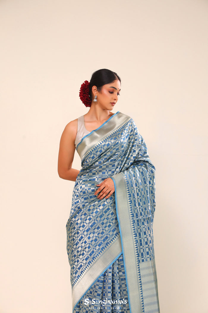 <img> Spanish Blue Chiniya Banarasi Silk Saree