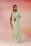 Spanish Green Organza Saree With Scallop Border