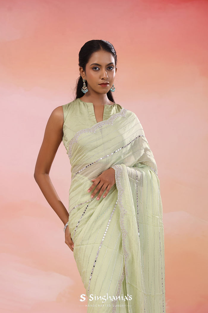 Spanish Green Organza Saree With Scallop Border