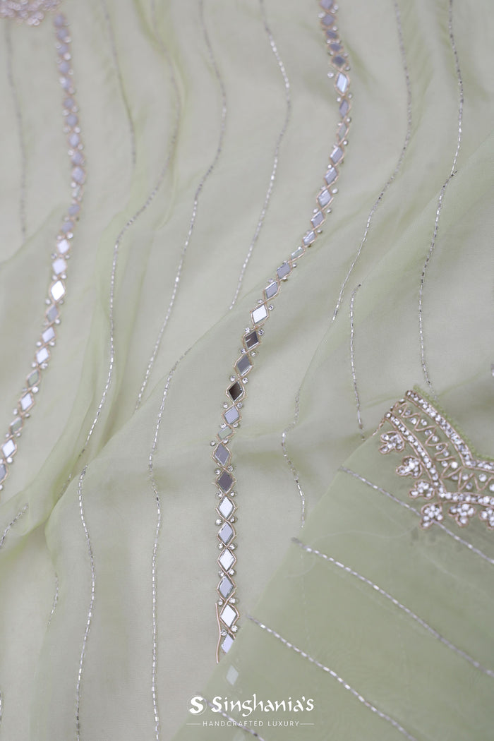 Spanish Green Organza Saree With Scallop Border