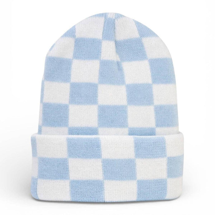 Checkered beanie with blue and white pattern on a white background