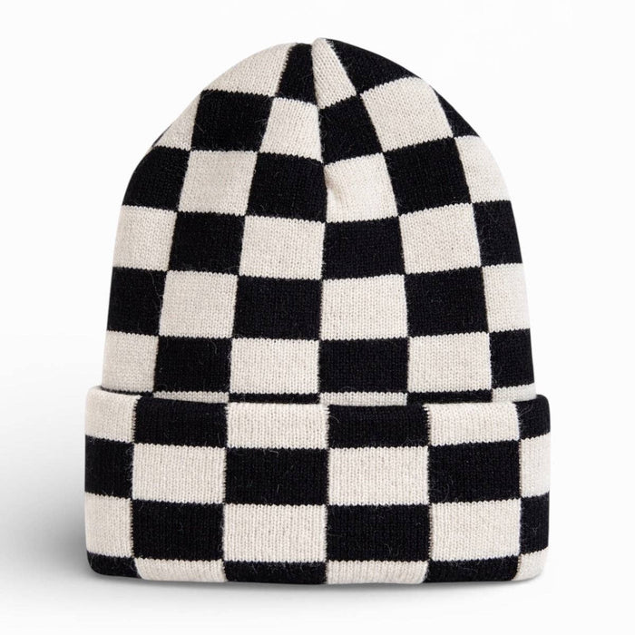 Black and white checkered beanie on a white background