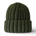 An olive green ribbed knit beanie hat, shown from the front on a clean white background.