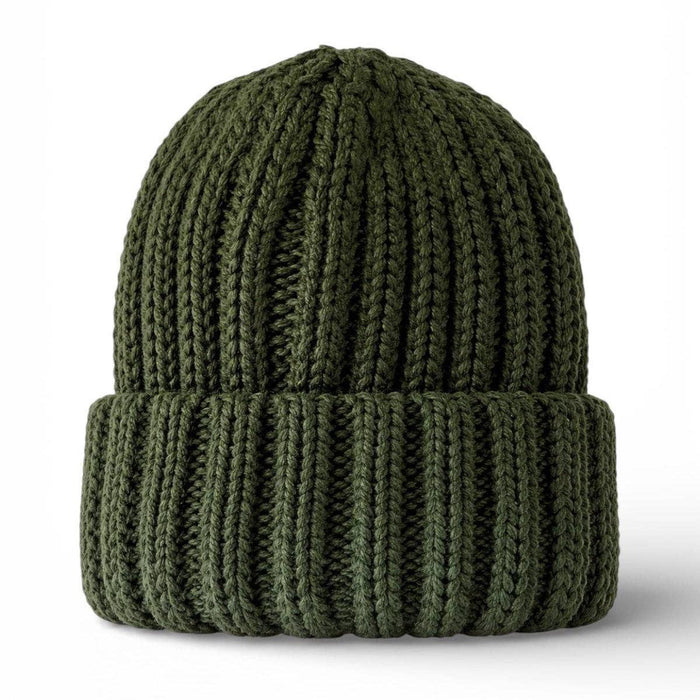 An olive green ribbed knit beanie hat, shown from the front on a clean white background.