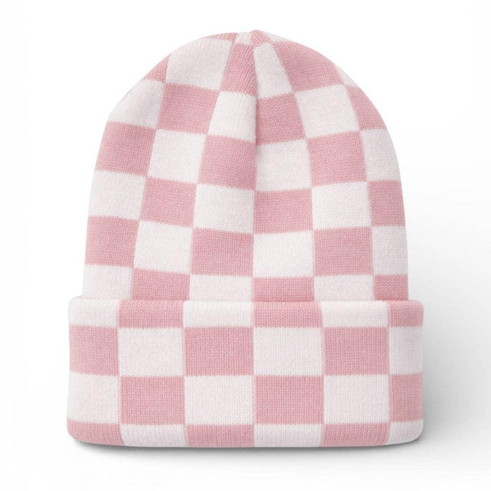Pink and white checkered beanie on a white background