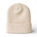 A light beige knit beanie hat with a folded cuff, shown against a plain white background.