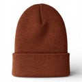 A rust-brown ribbed knit beanie hat with a folded cuff, shown against a plain white background.