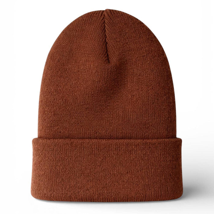 A rust-brown ribbed knit beanie hat with a folded cuff, shown against a plain white background.