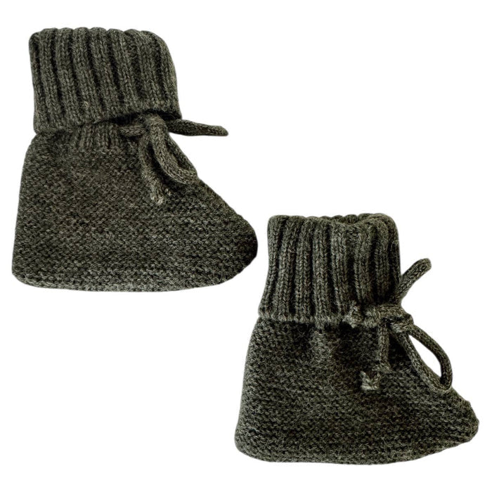 Pair of dark green knitted baby booties on a white background