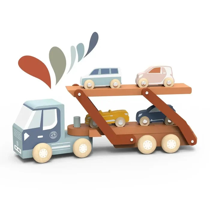 Wooden toy truck with a flatbed carrying smaller toy cars on a white background