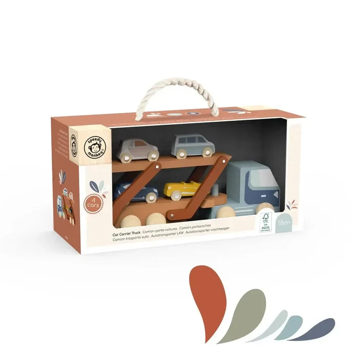 Wooden toy car set in packaging with a handle on a white background