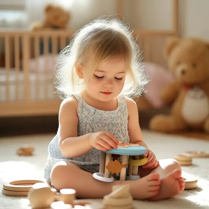 Child playing with wooden toys in a nursery room
