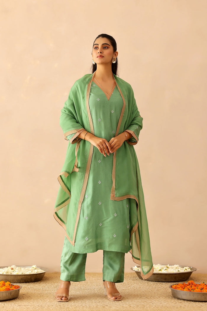 <img> Spring Green Russian Silk Subtle Embroidered Kurti Set