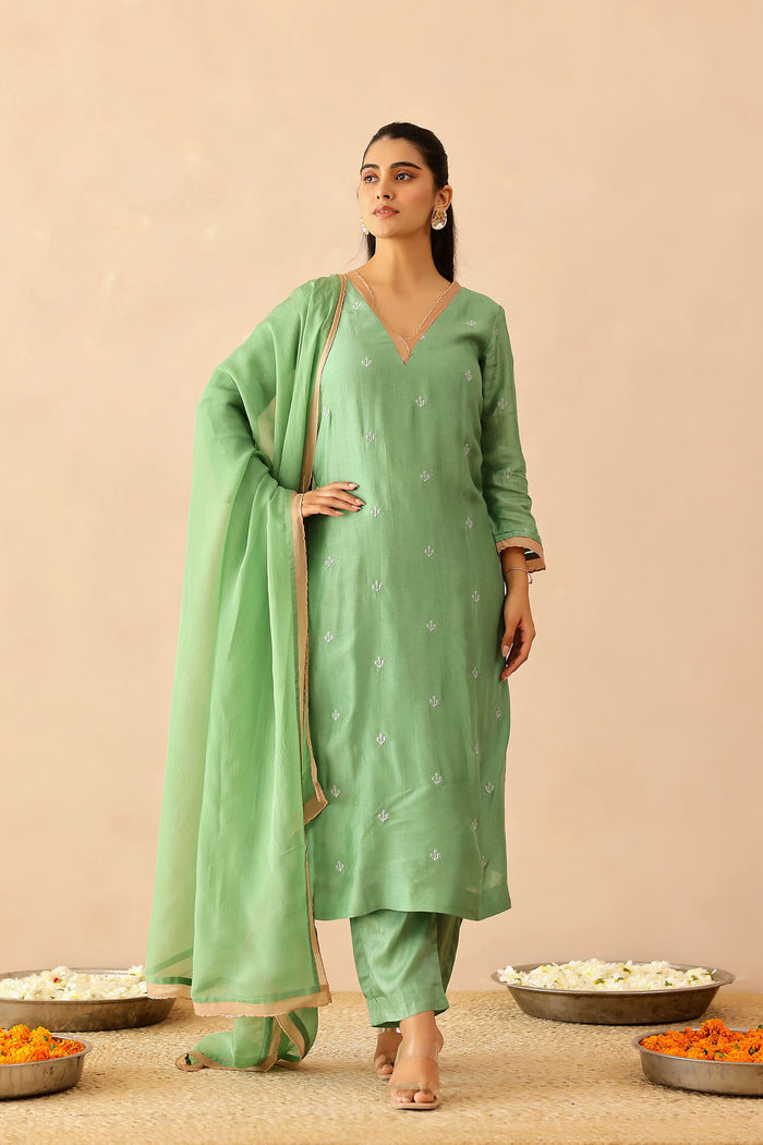 <img> Spring Green Russian Silk Subtle Embroidered Kurti Set