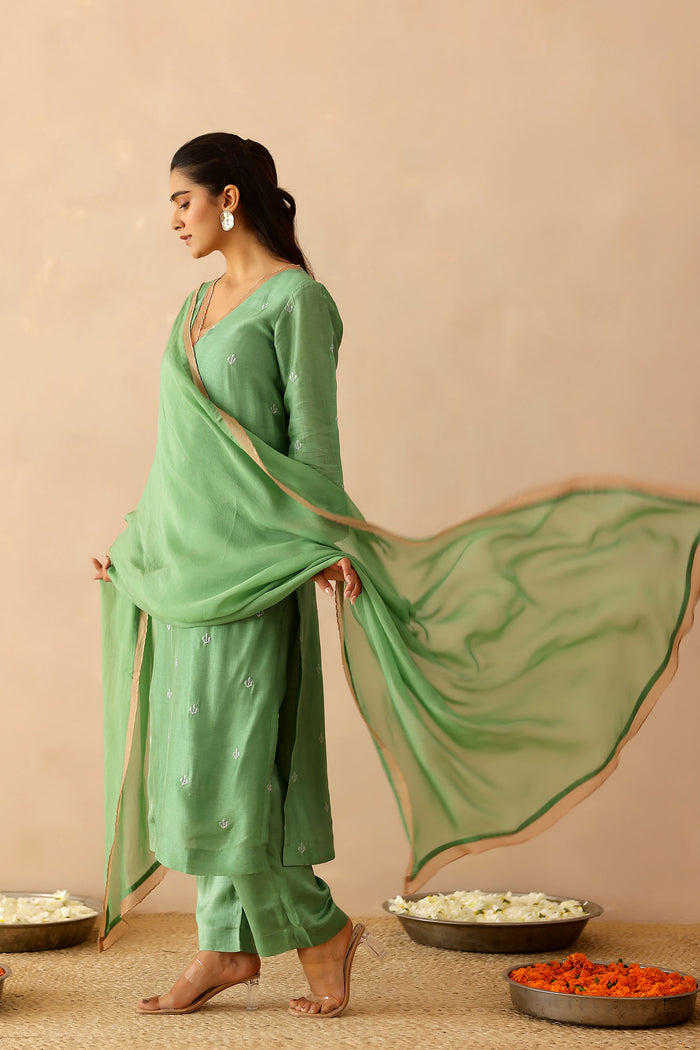 <img> Spring Green Russian Silk Subtle Embroidered Kurti Set